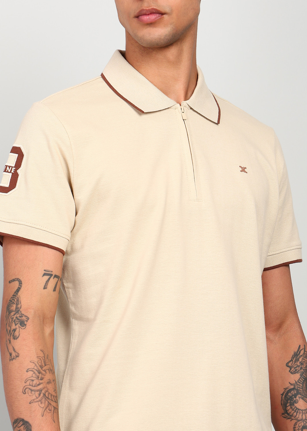 Image of KILLER Solid Men Polo Neck Beige T-Shirt