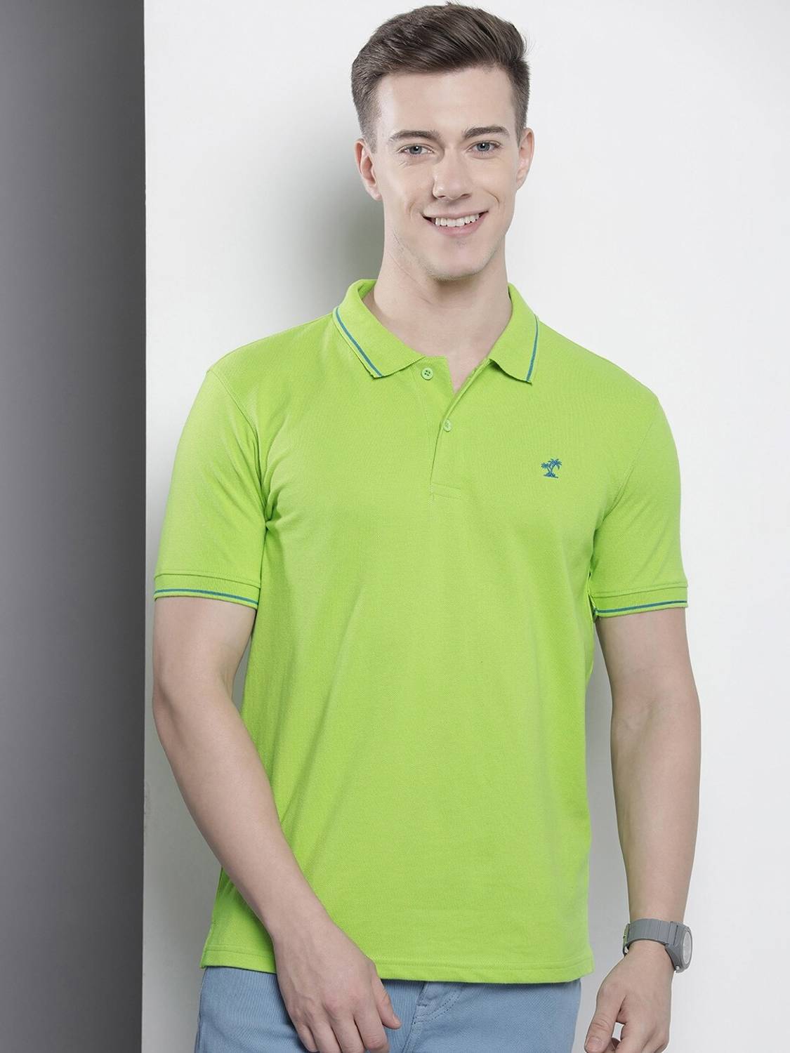 The Indian Garage Co. Men Solid Polo Neck Cotton Blend Green T-Sh