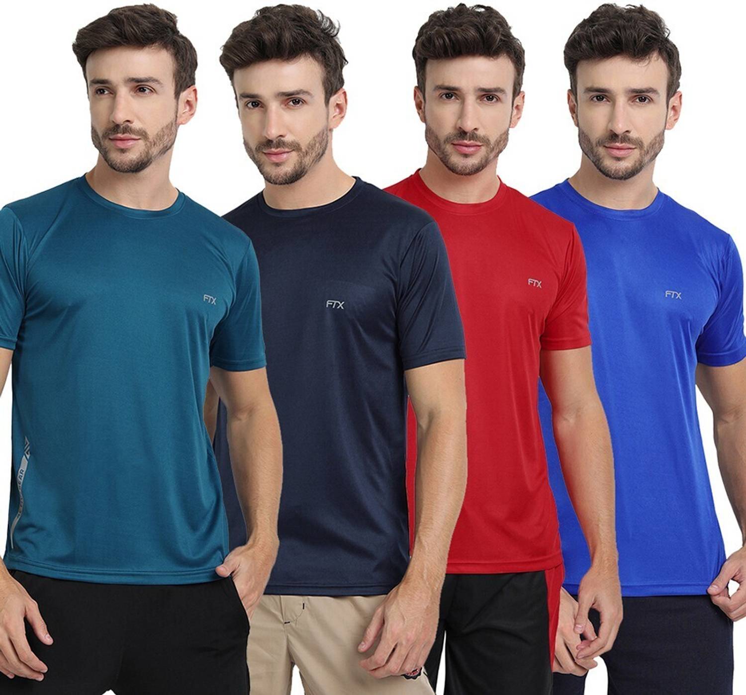 FTX Pack of 4 Men Solid Round Neck Polyester Multicolor T-Shirt