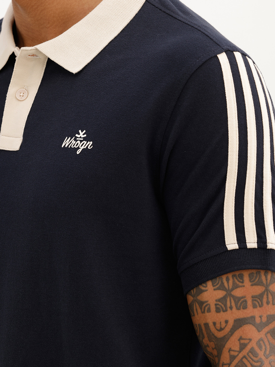 Image of WROGN Solid Men Polo Neck Navy Blue T-Shirt