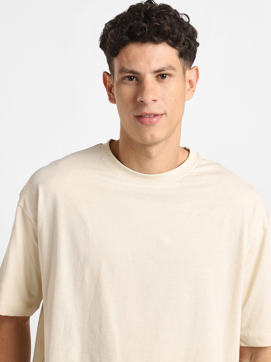 Image of NOBERO Solid Men Round Neck Beige T-Shirt