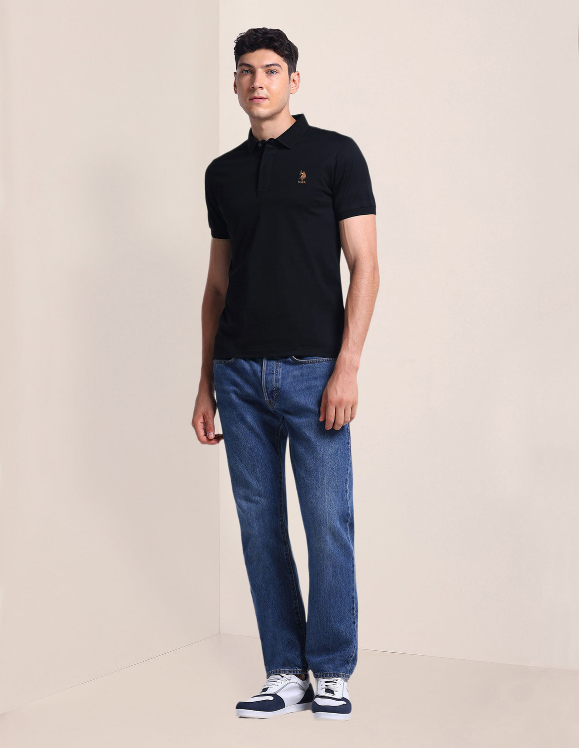 Image of U.S. POLO ASSN. Men Solid Polo Neck Cotton Blend Black T-Shirt