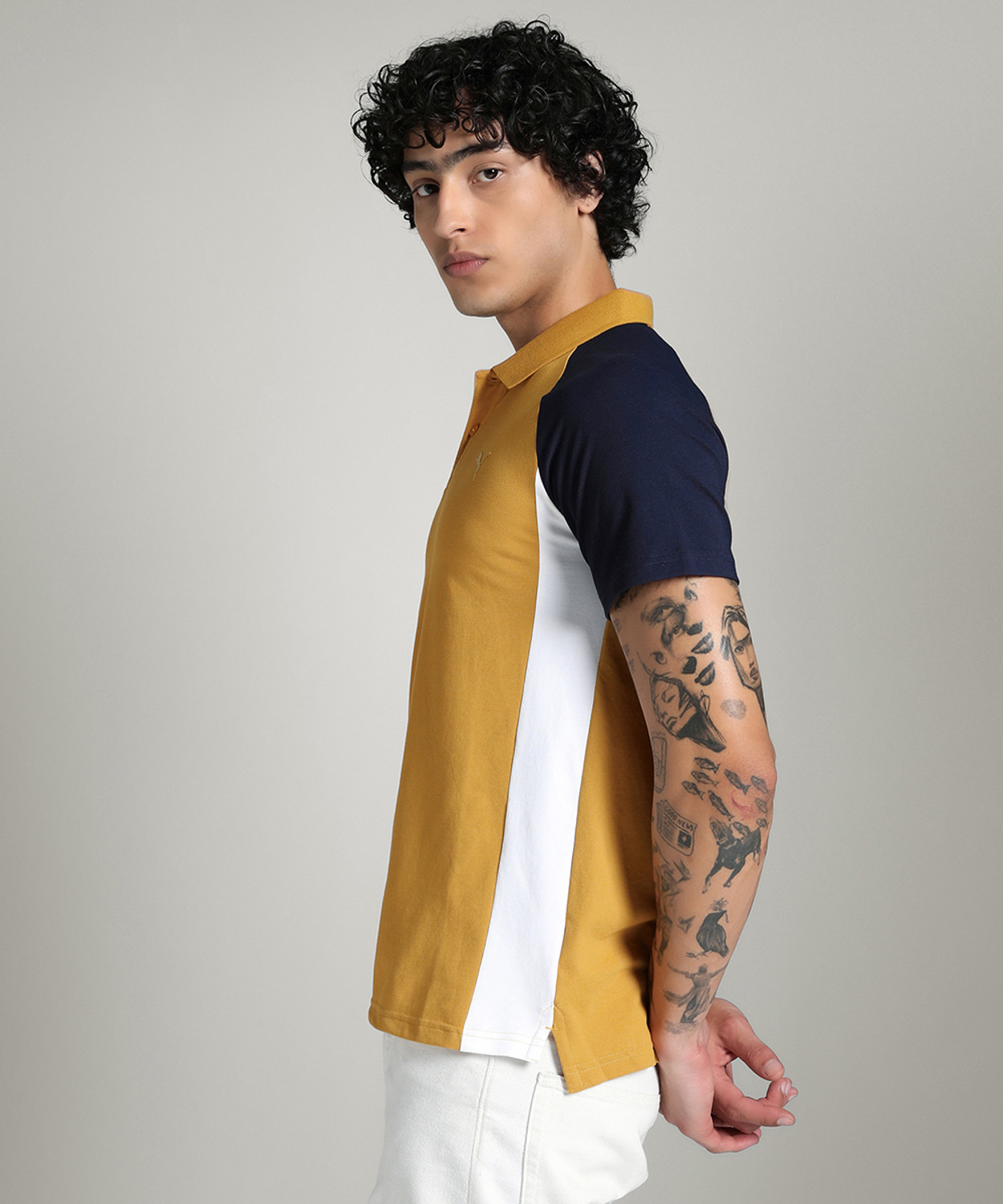 Image of PUMA Men Colorblock Polo Neck Cotton Blend Yellow T-Shirt