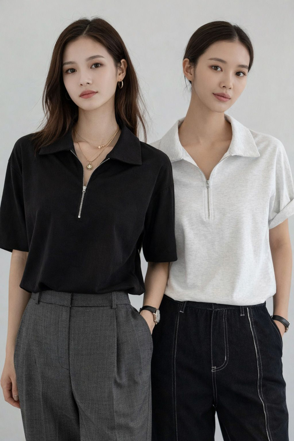 EraandEdge Clothing Solid Women Zip Neck Black, White T-Shirt