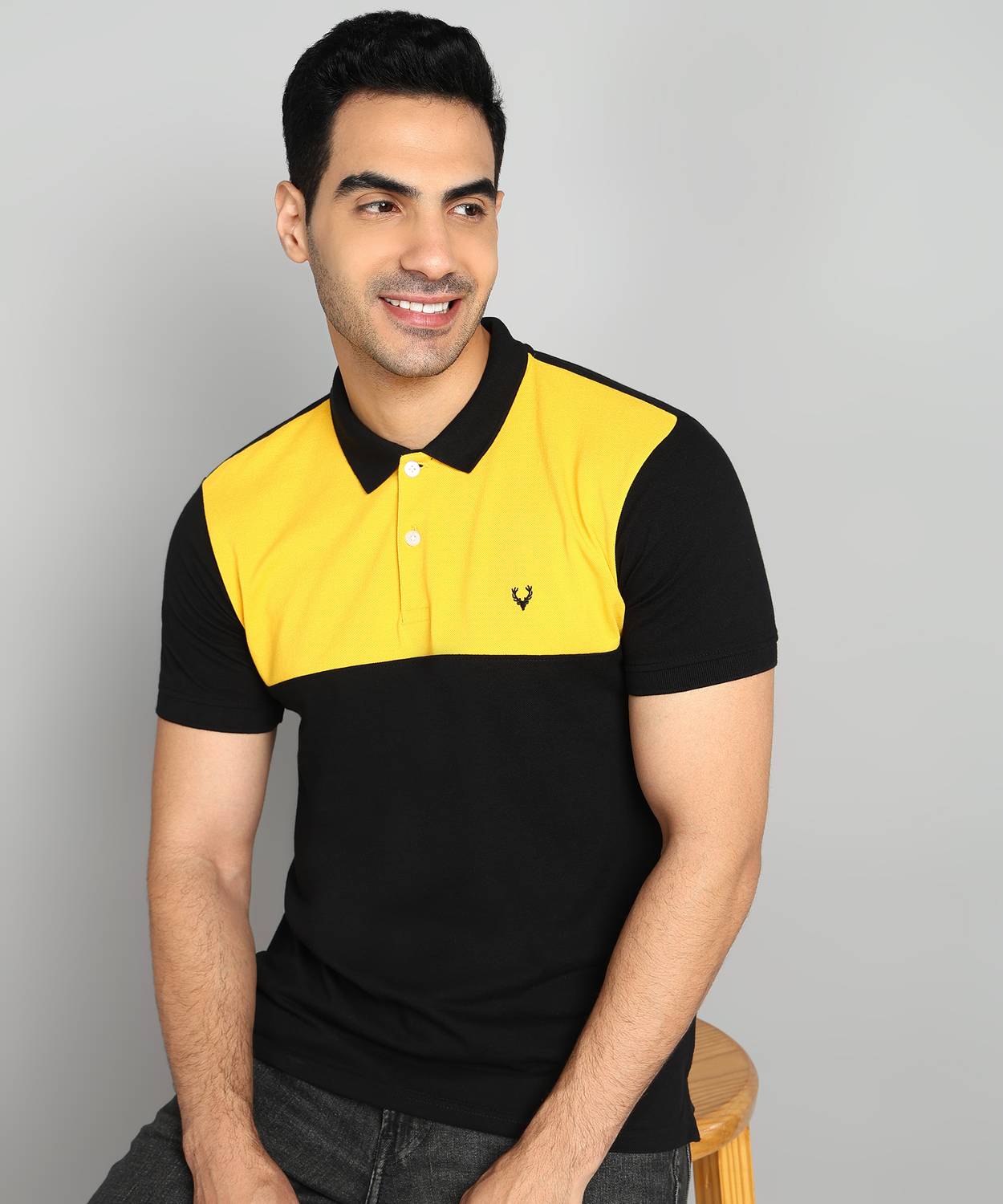 Allen Solly Men Colorblock Polo Neck Cotton Blend Black, Yellow T