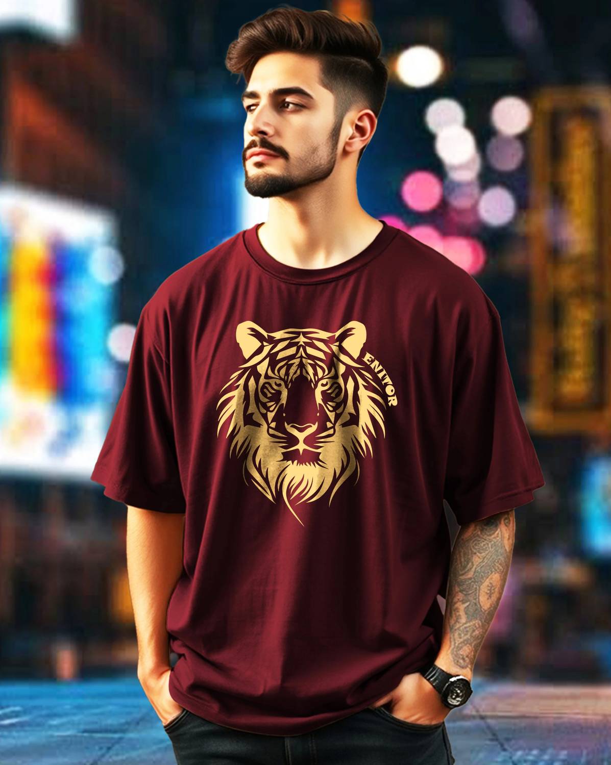 ENITOR Oversized Loosefit Men Printed Round Neck Cotton Blend M