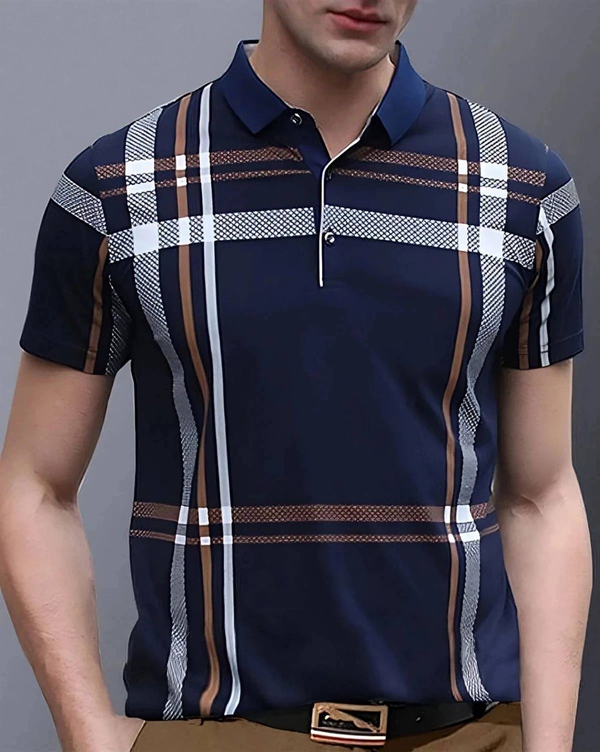 AUSK Men Checkered Polo Neck Cotton Blend Dark Blue, White T-Shir