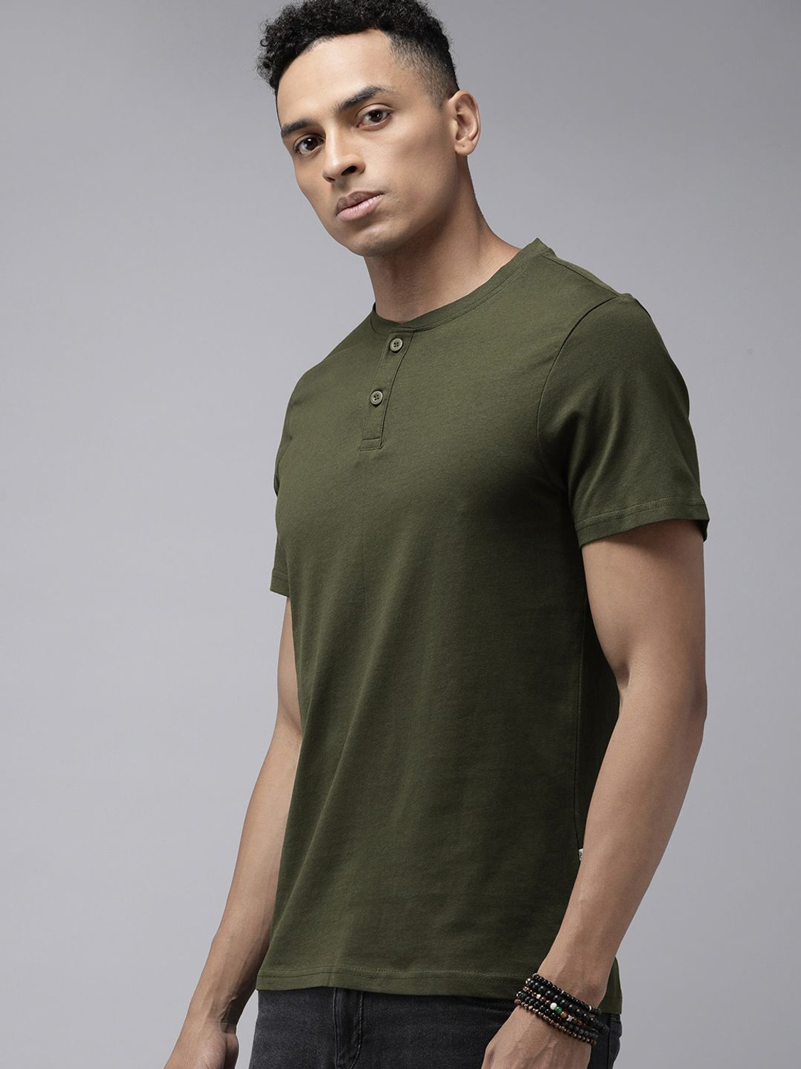 Image of Roadster Solid Men Henley Neck Green T-Shirt