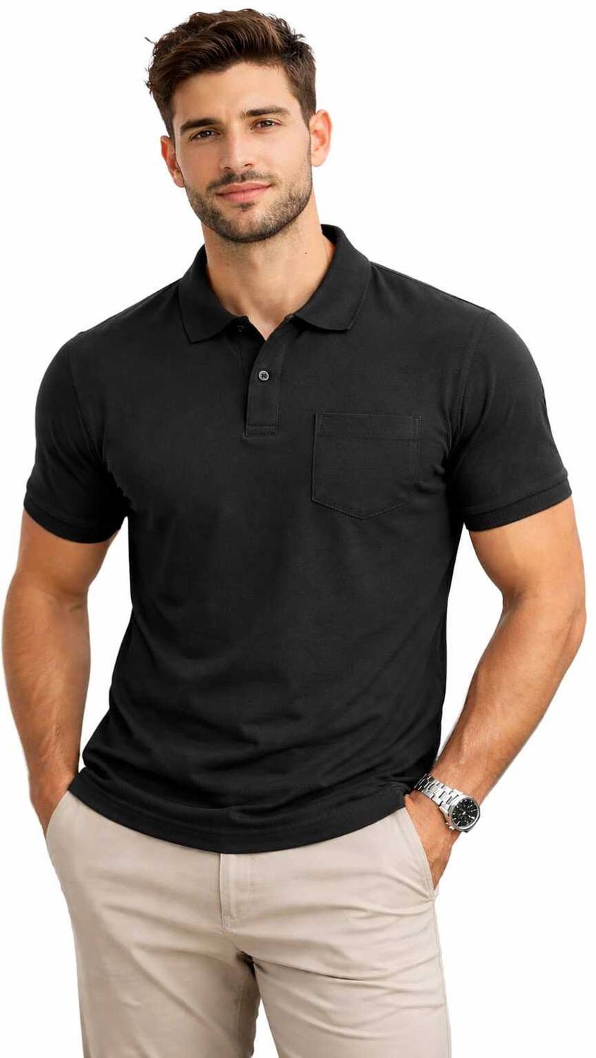 3BROS Solid Men Polo Neck Black T-Shirt