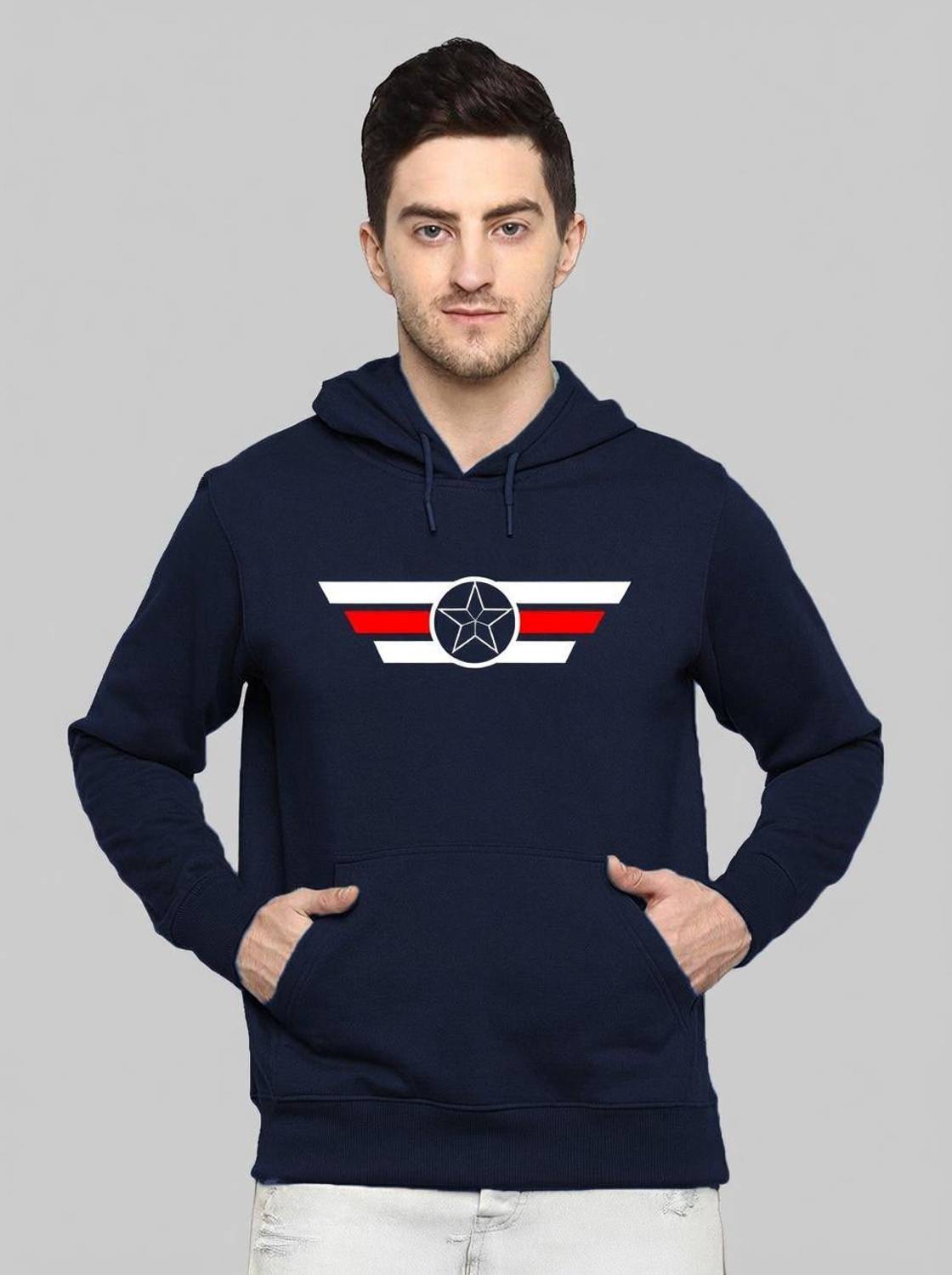 ADRO Graphic Print Men Hooded Neck Navy Blue T-Shirt