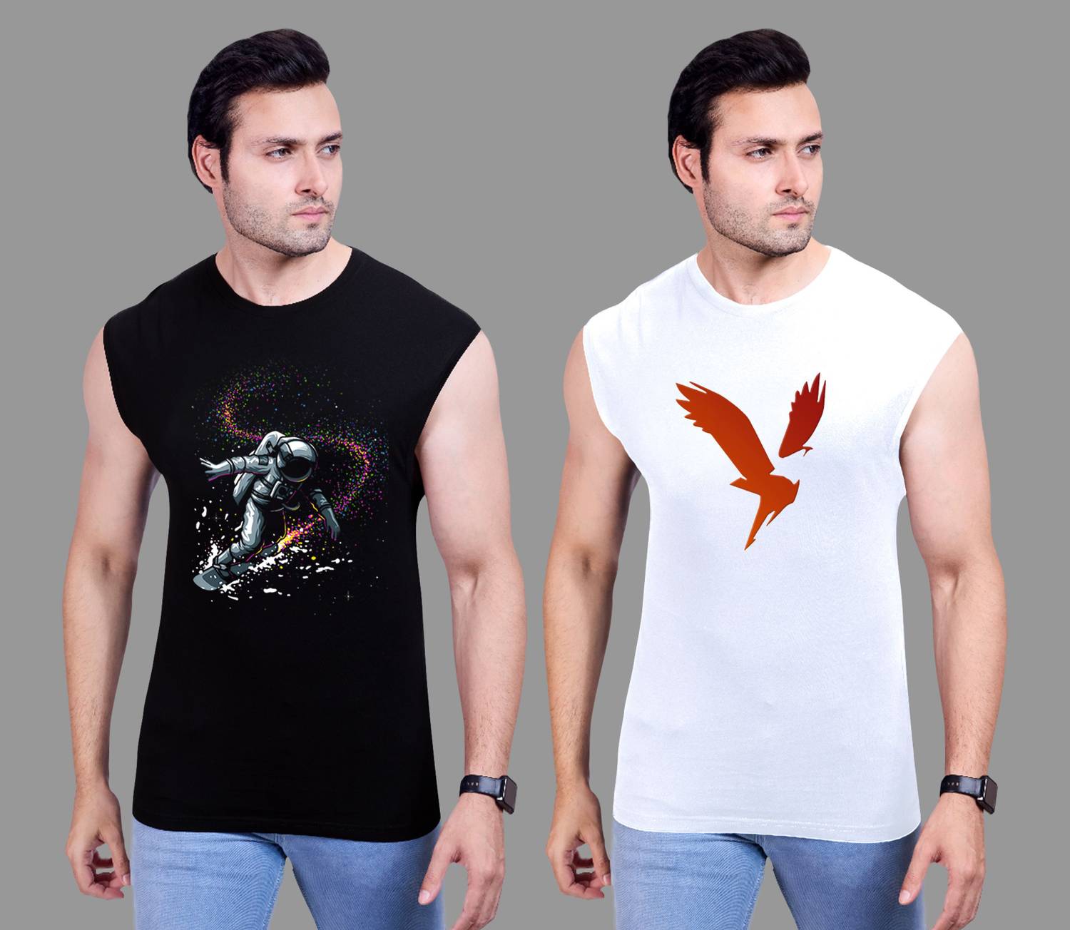 I&D Pack of 2 Men Graphic Print Round Neck Pure Cotton Black, Whi