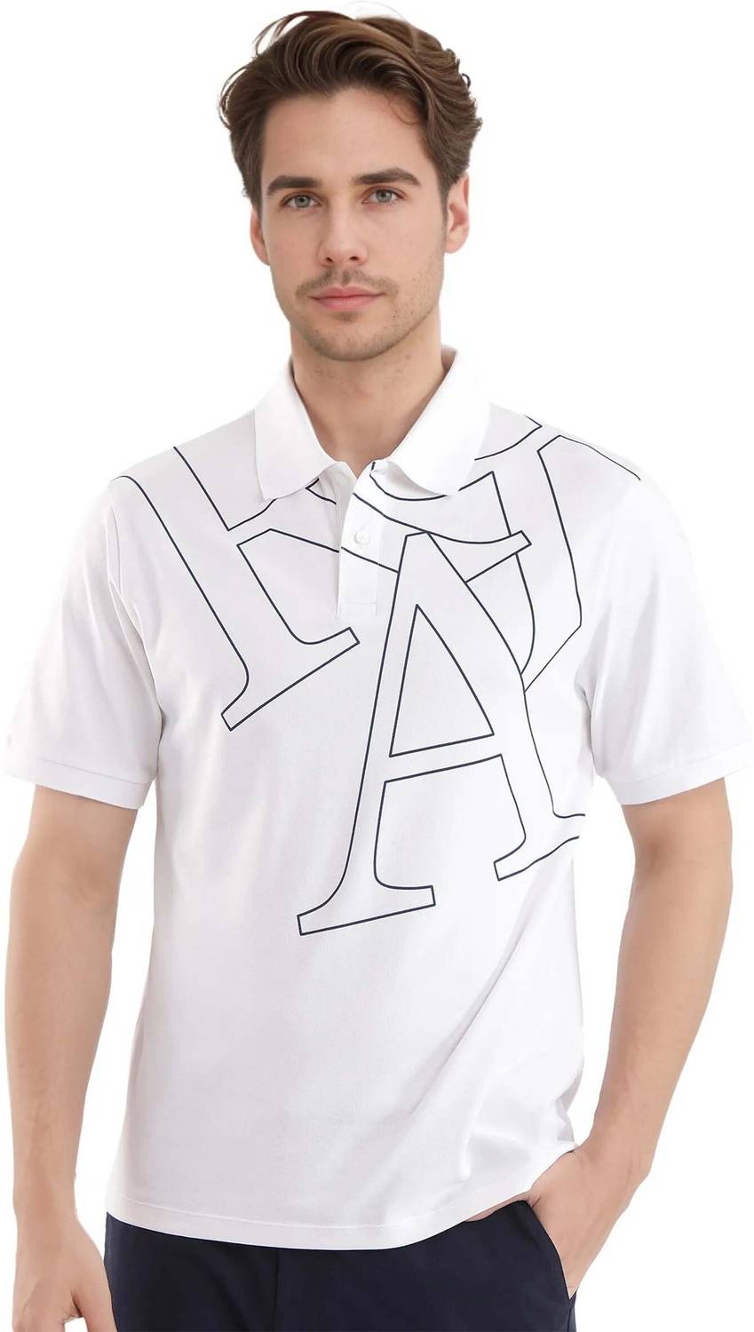 RARE RABBIT Men Printed Polo Neck Cotton Blend White T-Shirt