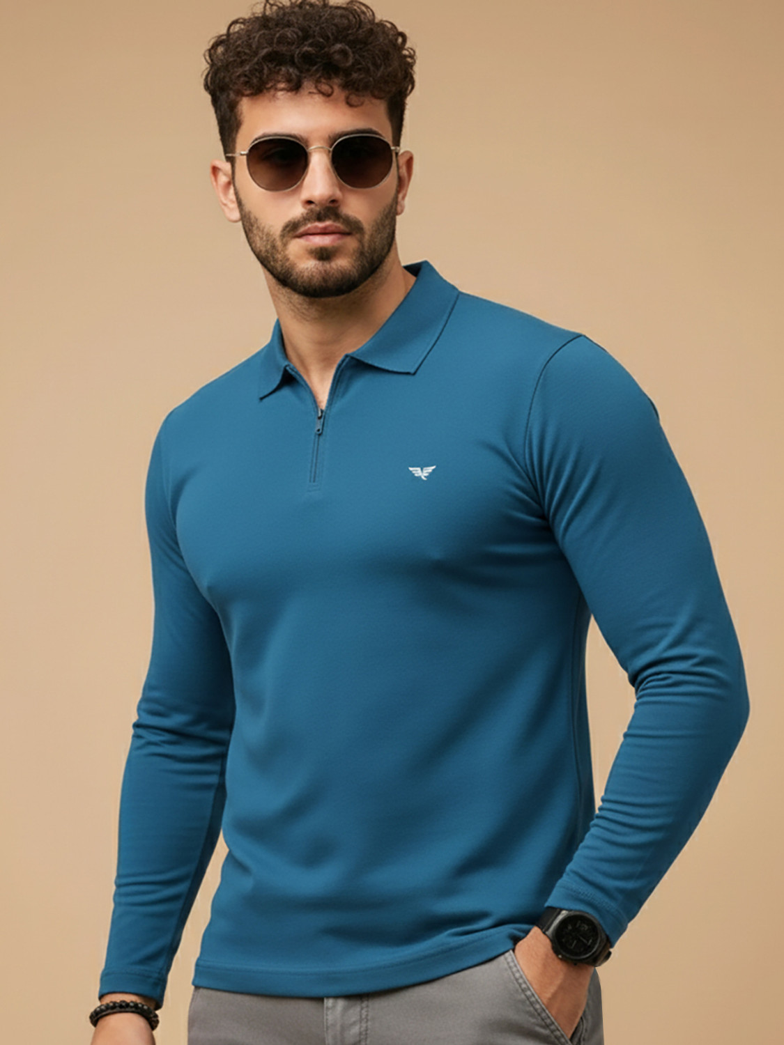 Image of RISS CLOTHING Solid Men Polo Neck Dark Blue T-Shirt