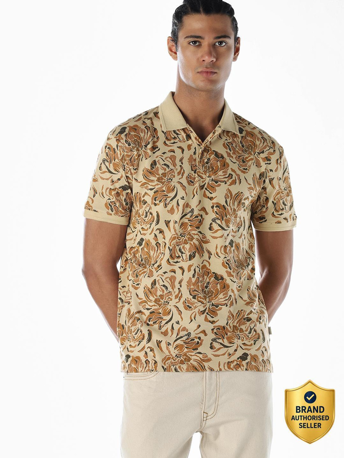 Image of JACK & JONES Men Printed Polo Neck Cotton Blend Beige T-Shirt