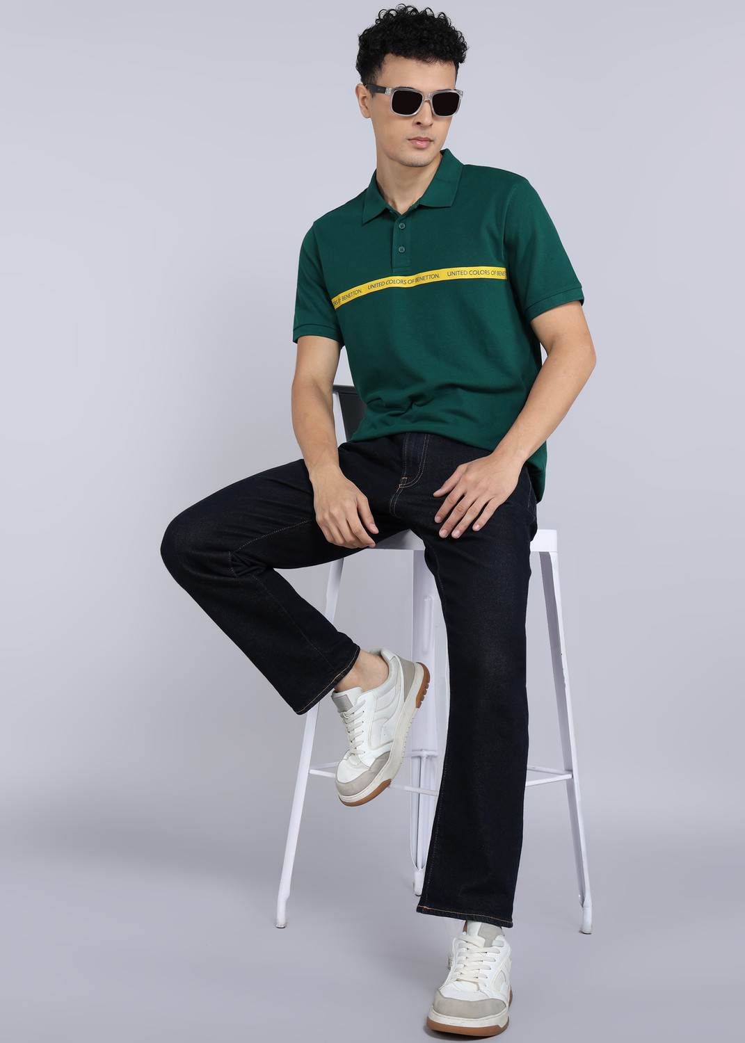 Image of United Colors of Benetton Printed Men Polo Neck Green T-Shirt