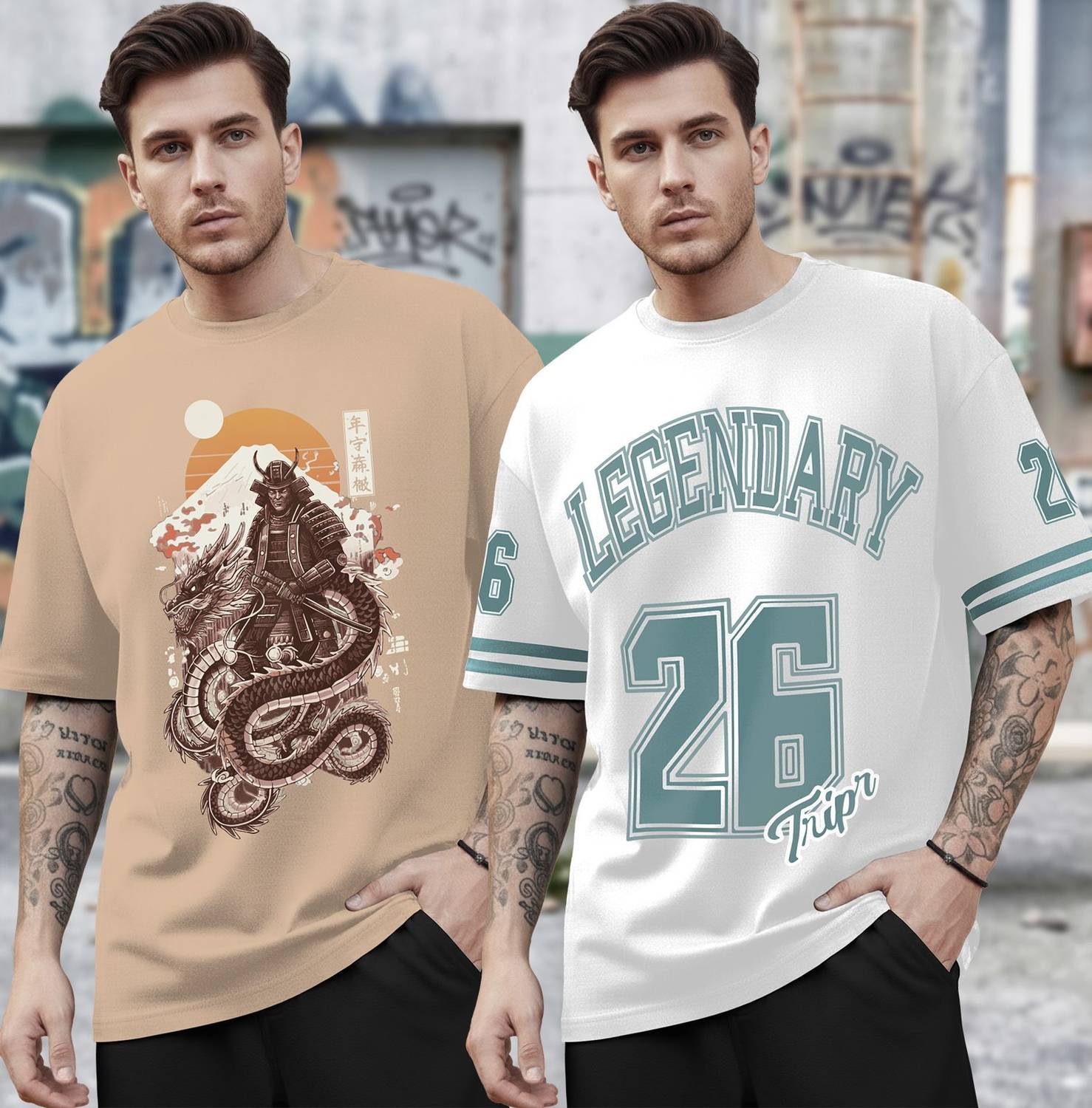 TRIPR Pack of 2 Men Graphic Print Round Neck Cotton Blend Beige,