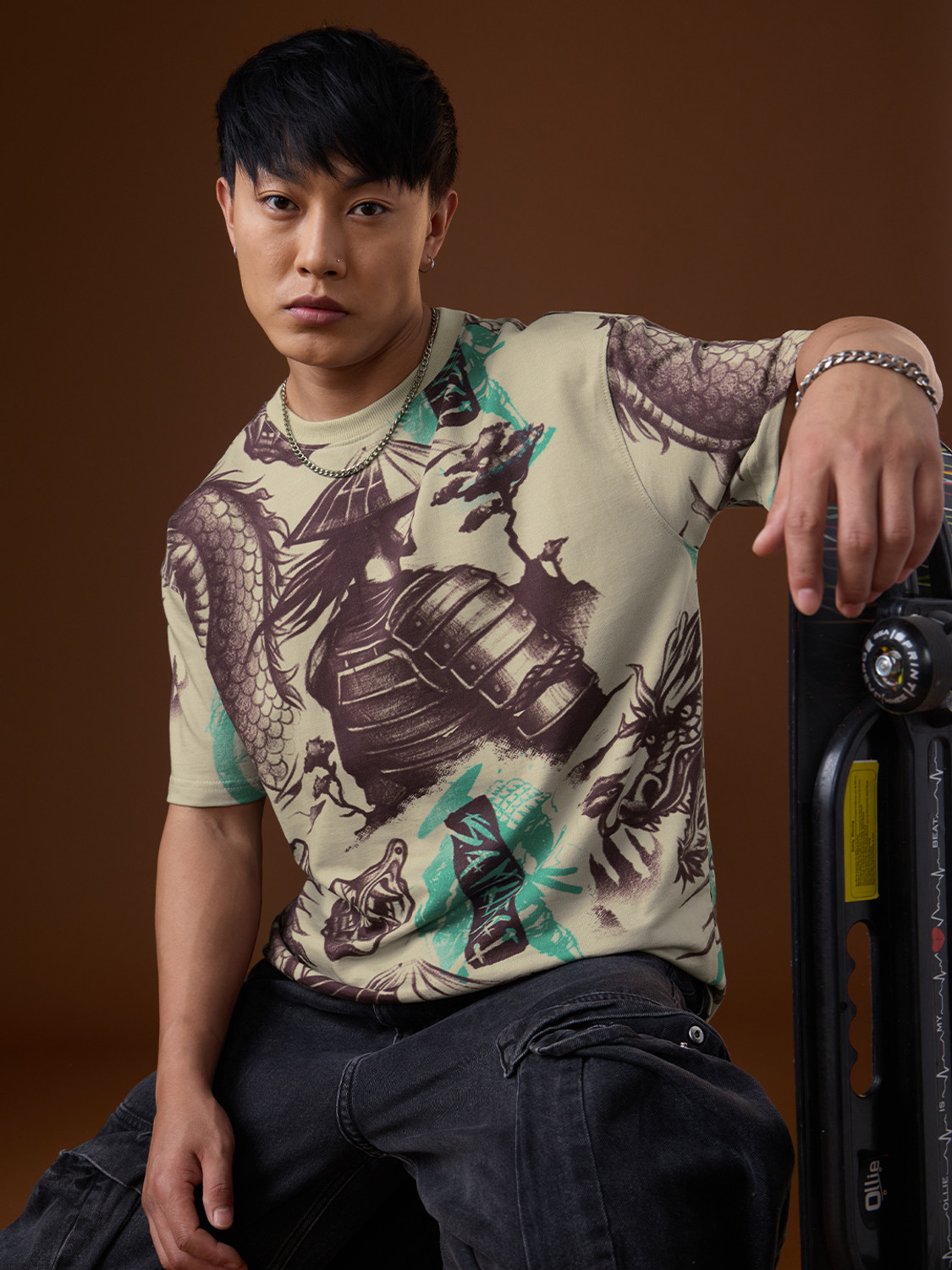 Image of The Souled Store Graphic Print Men Round Neck Beige T-Shirt