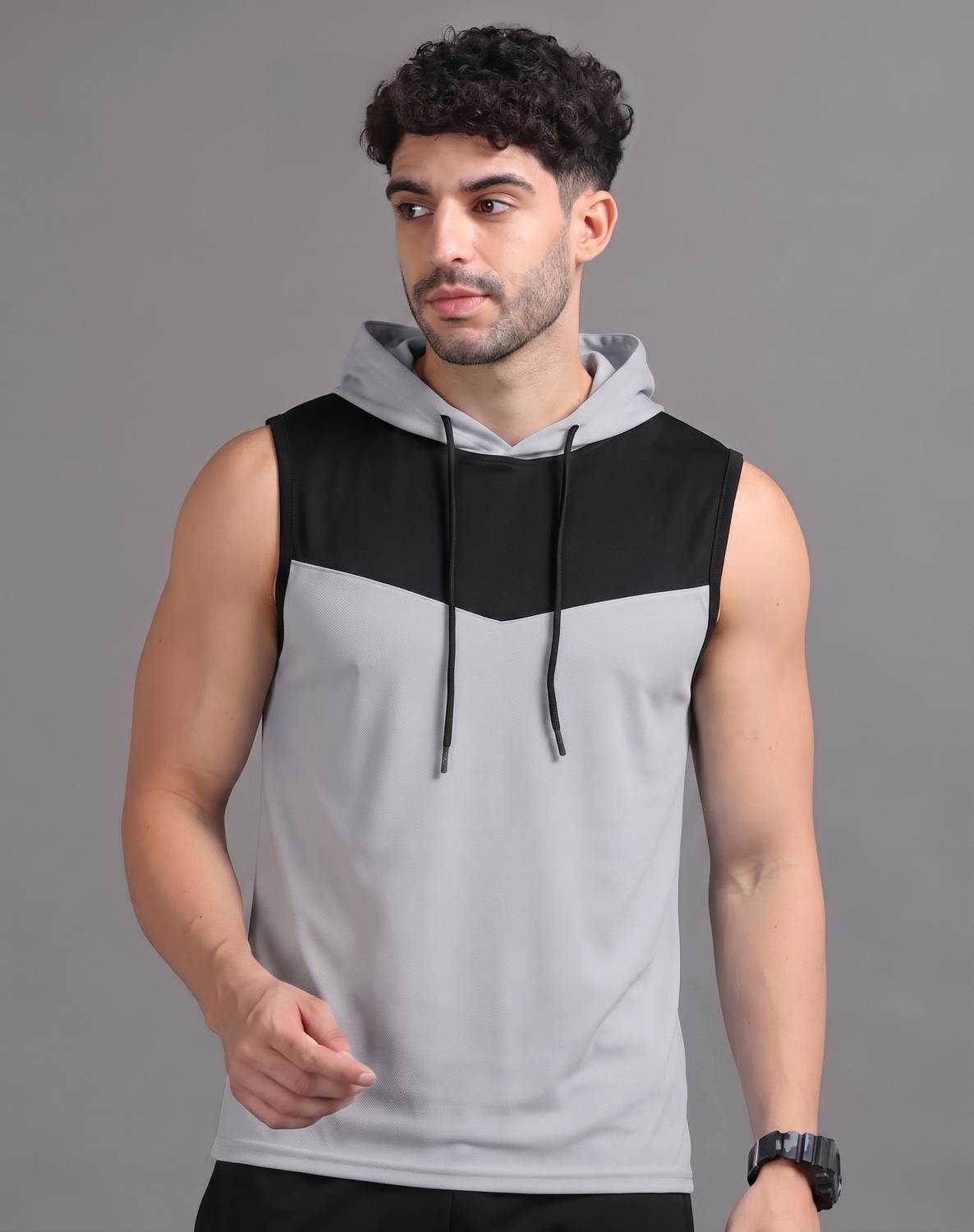 Adorbs Men Colorblock Hooded Neck T-Shirt Black, Grey - Image 1