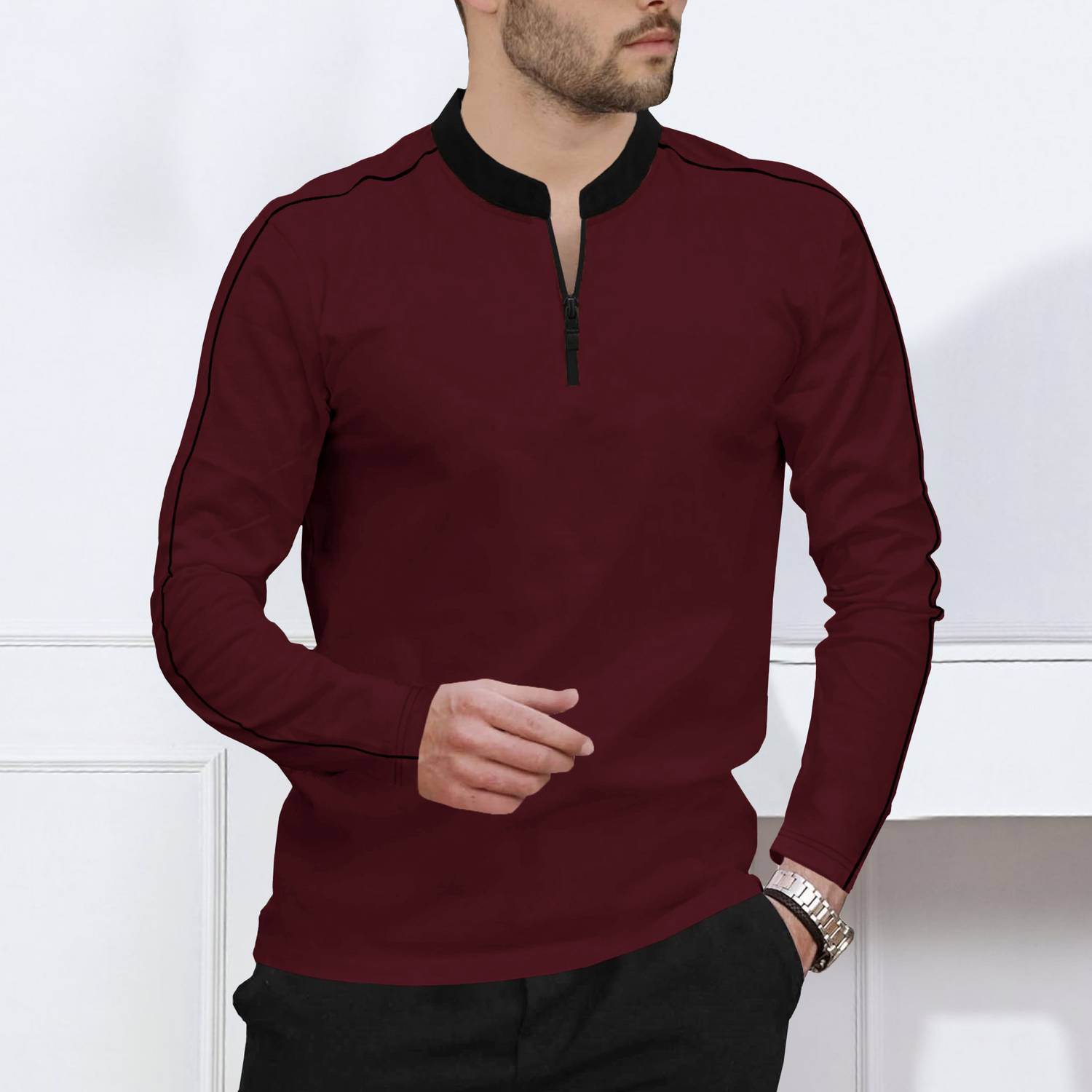 GARBLY Striped Men Zip Neck Maroon T-Shirt