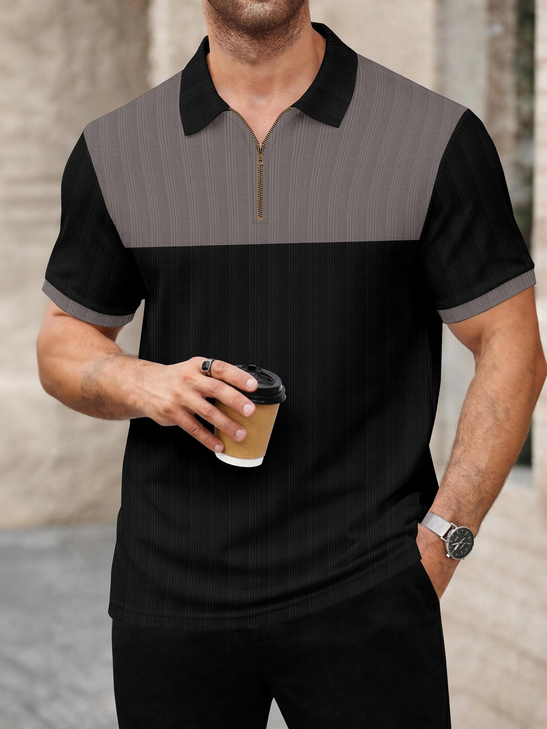 Image of KAJARU Colorblock Men Zip Neck Grey, Black T-Shirt