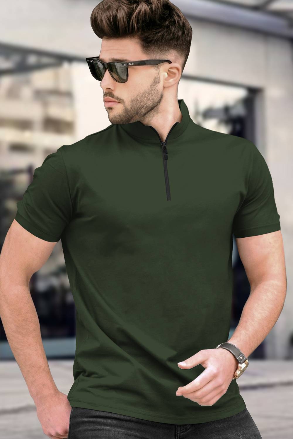 TRIPR Men Solid Mandarin Collar Cotton Blend Dark Green T-Shirt