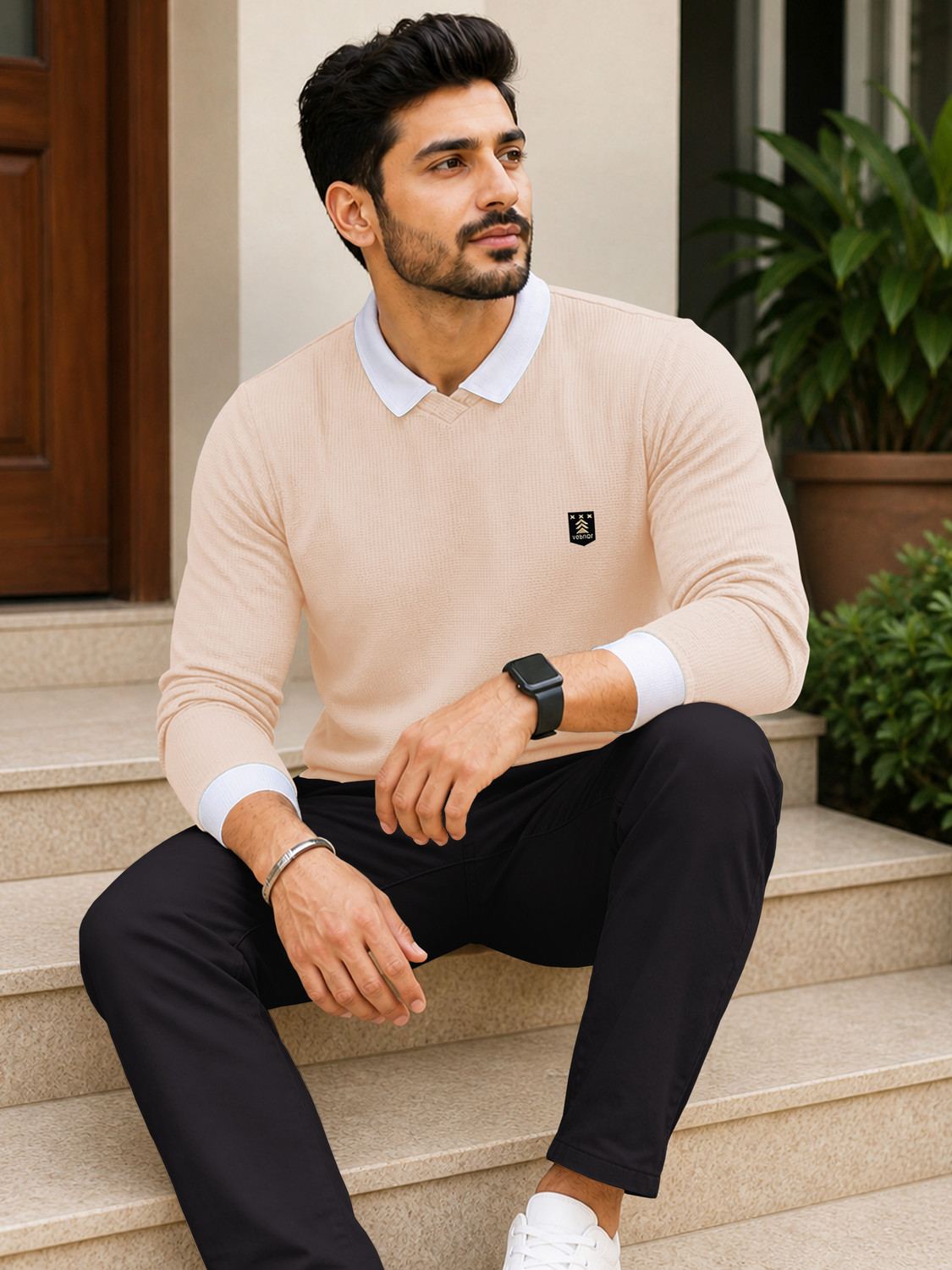 Image of VeBNoR Solid Men Polo Neck Beige T-Shirt