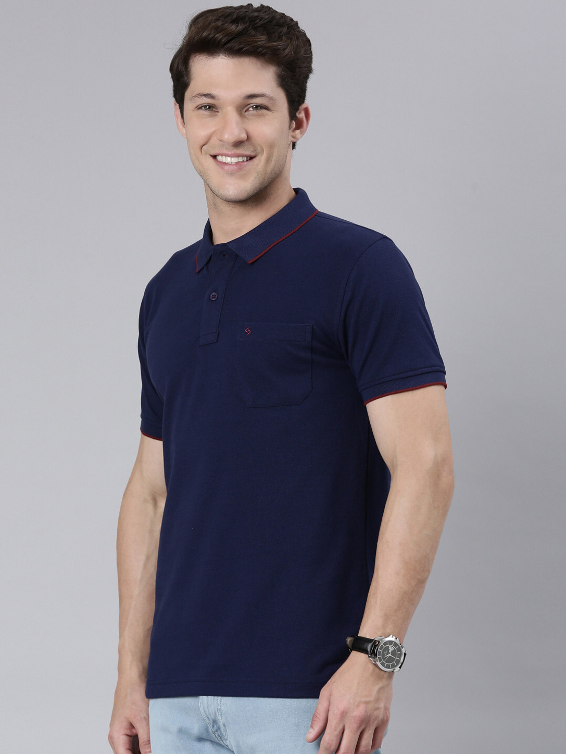 Image of Classic Polo Printed Men Polo Neck Dark Blue T-Shirt