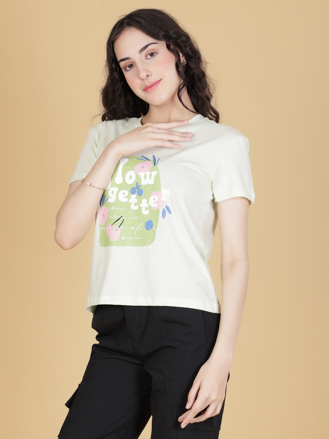 Image of V-MART Printed Women Round Neck White T-Shirt