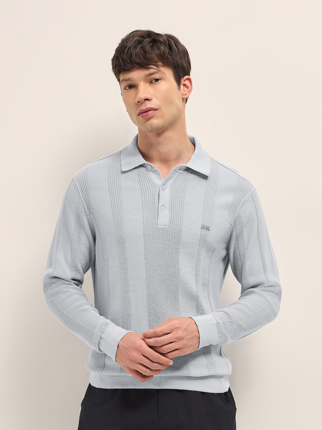 Image of THE BEAR HOUSE Striped Men Polo Neck Grey T-Shirt