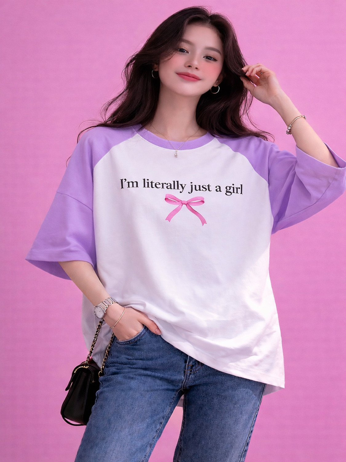 Image of UG Fashion Colorblock Women Round Neck Purple, White T-Shirt