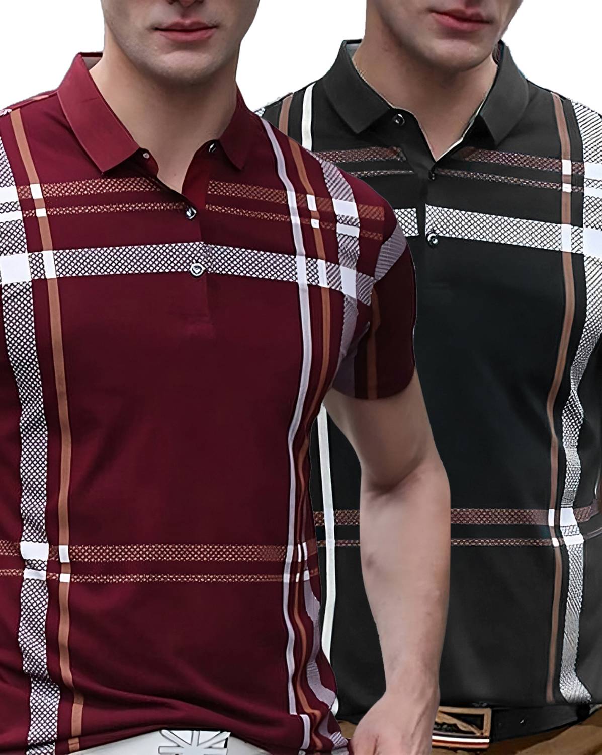 AUSK Pack of 2 Men Checkered Polo Neck Cotton Blend Multicolor T-