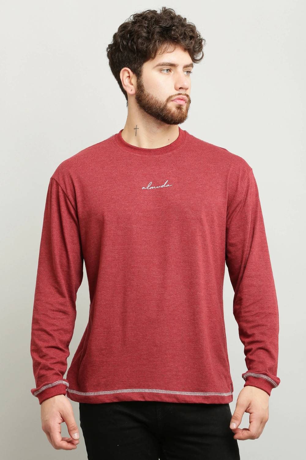 ALMUDA Men Solid Round Neck Pure Cotton Maroon T-Shirt