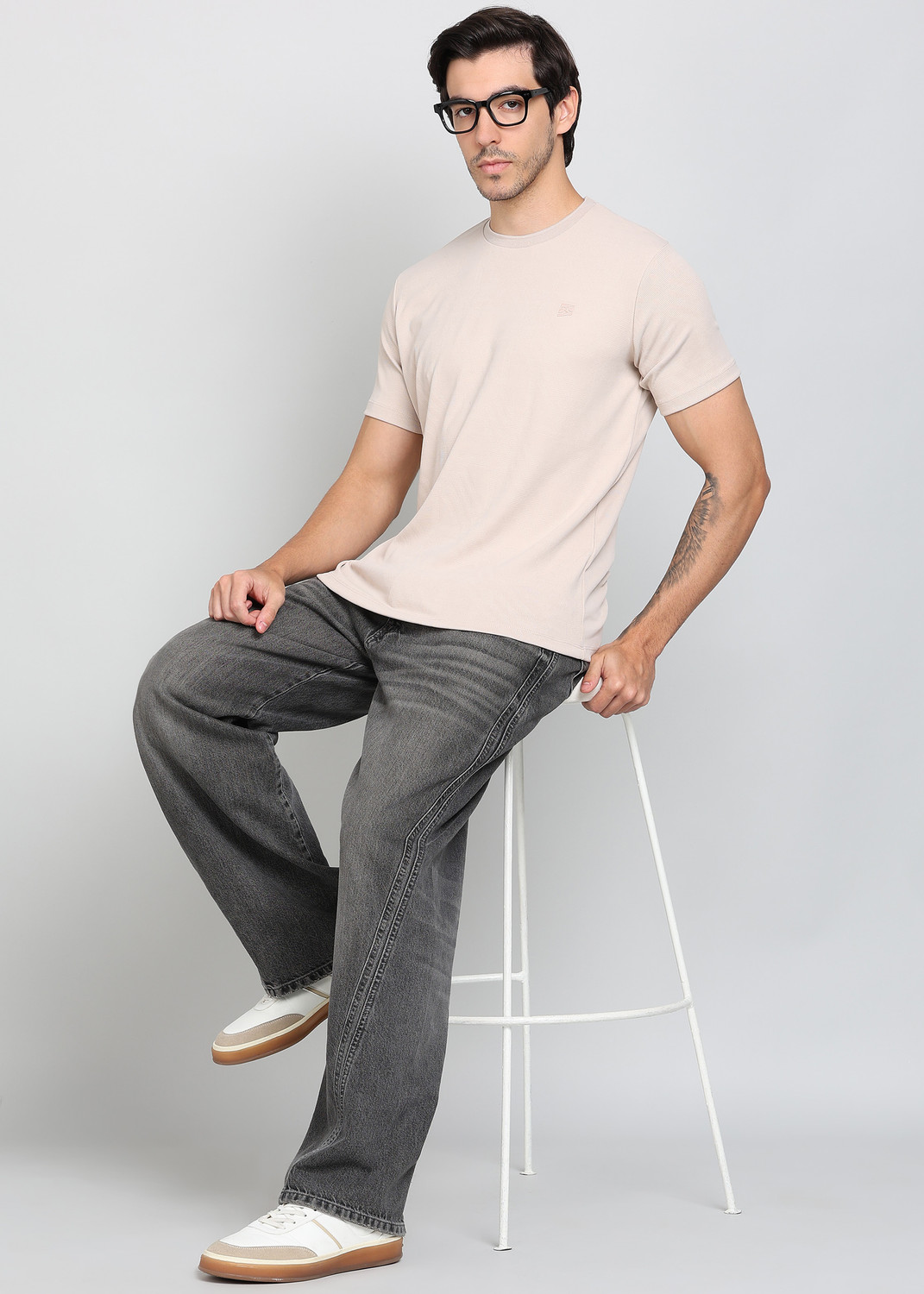 Image of KILLER Men Self Design Round Neck Polyester Beige T-Shirt