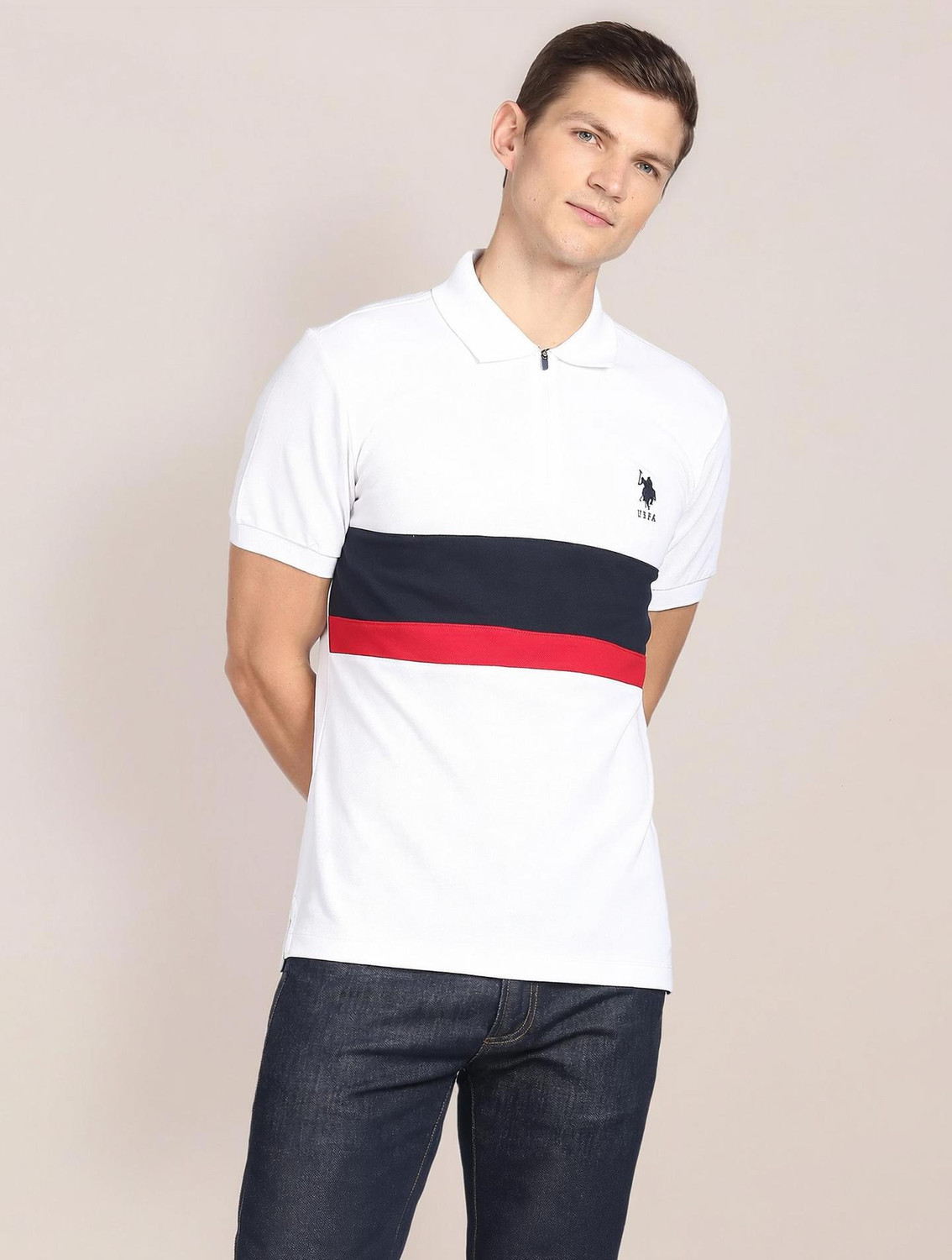 Image of U.S. POLO ASSN. Colorblock Men Polo Neck White T-Shirt