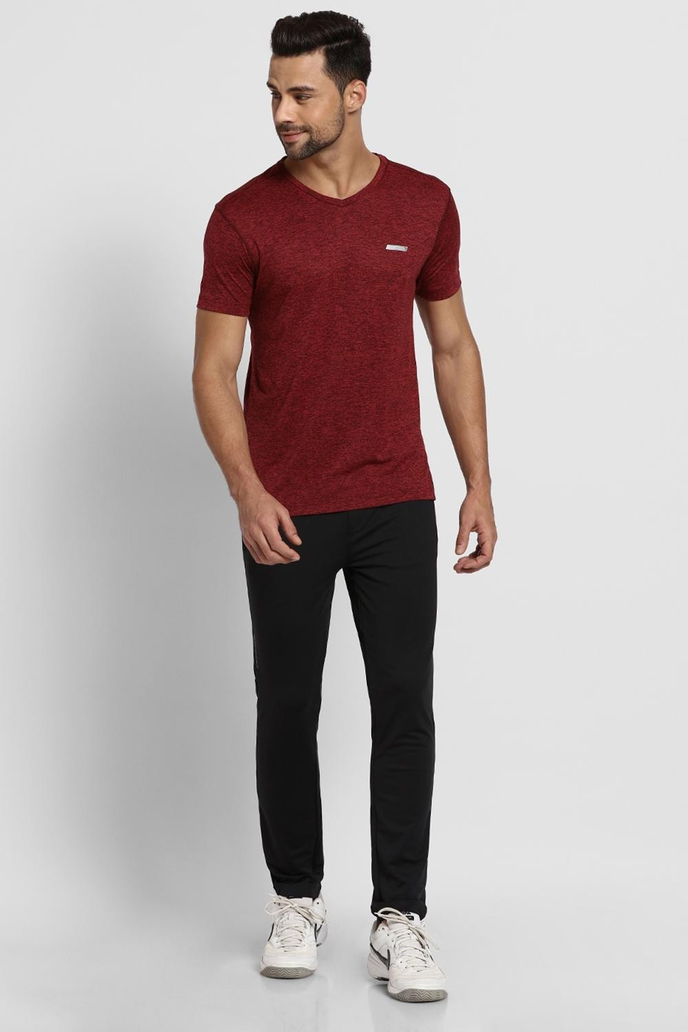 Image of VAN HEUSEN Self Design Men V Neck Maroon T-Shirt
