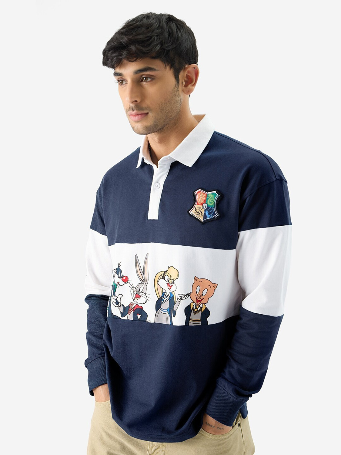 Image of METRONAUT Cartoon, Colorblock Men Polo Neck Navy Blue, White T-Shirt