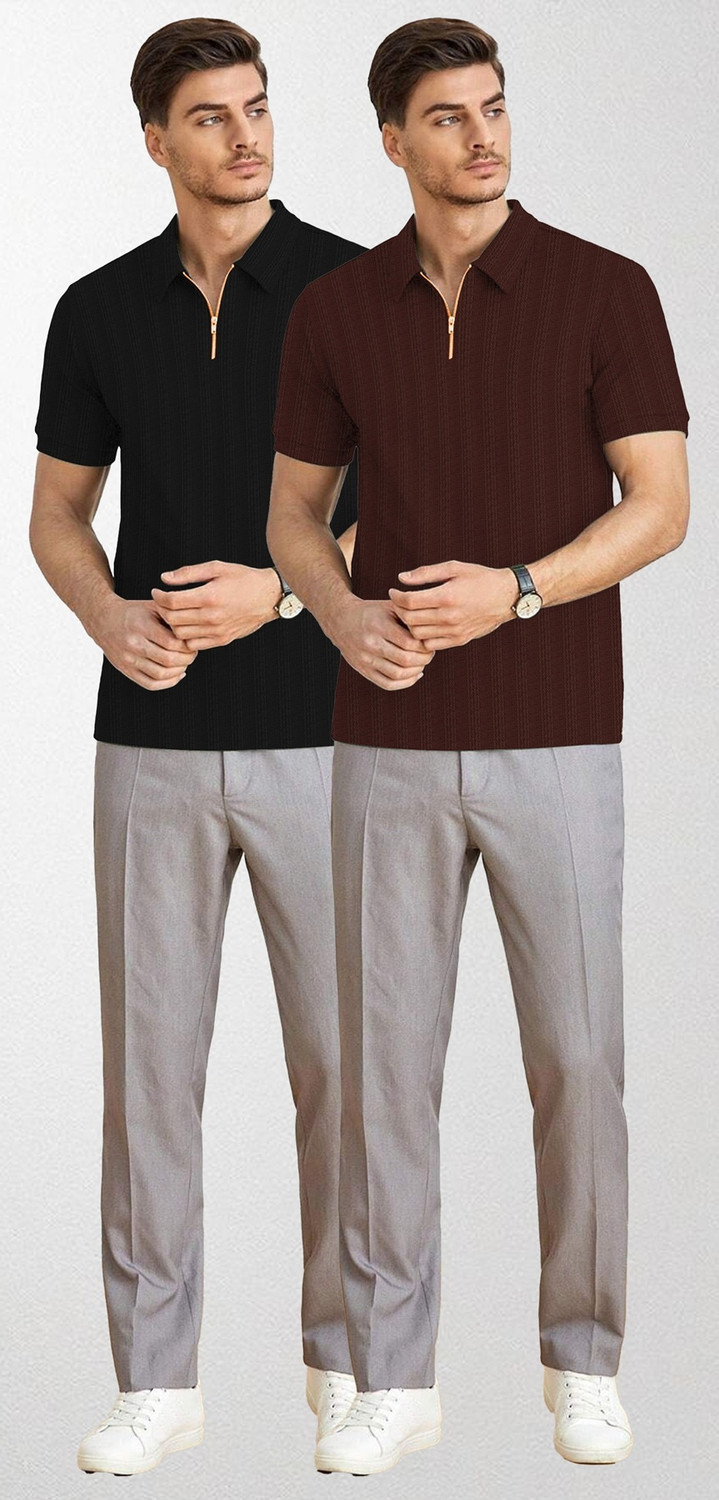 Image of KAJARU Self Design Men Zip Neck Brown, Black T-Shirt