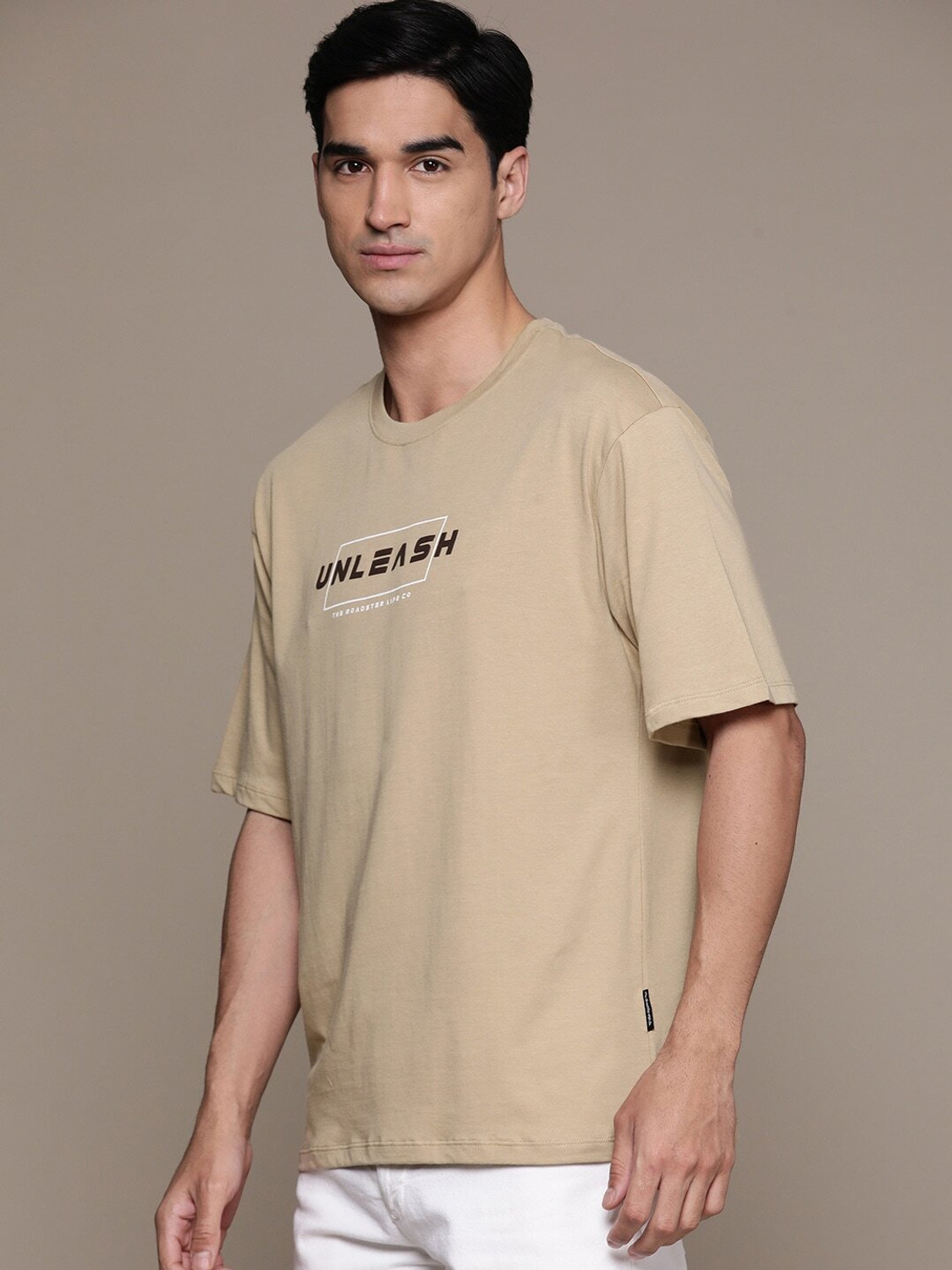 Image of Roadster Typography Men Round Neck Beige T-Shirt