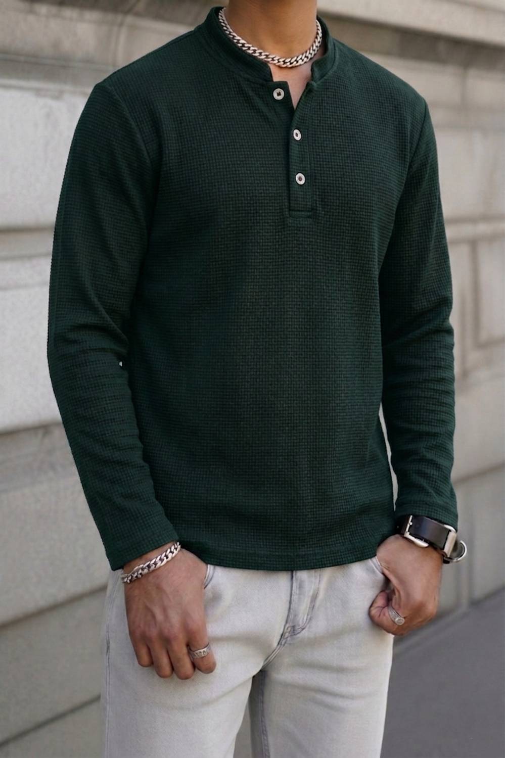 Try This Men Solid Mandarin Collar Cotton Blend Green T-Shirt