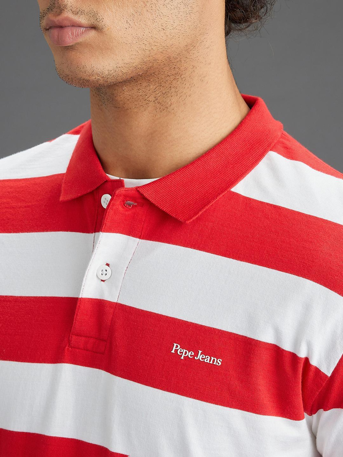 Image of Pepe Jeans Striped Men Polo Neck White, Red T-Shirt
