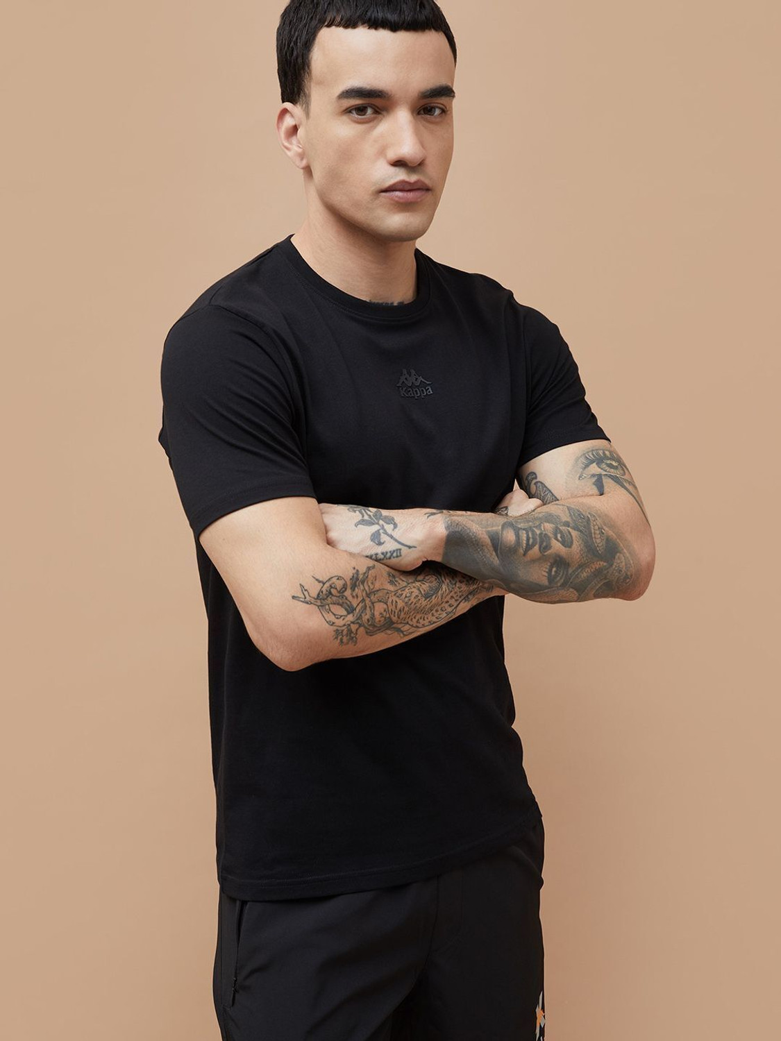 Image of Kappa Solid Men Round Neck Black T-Shirt