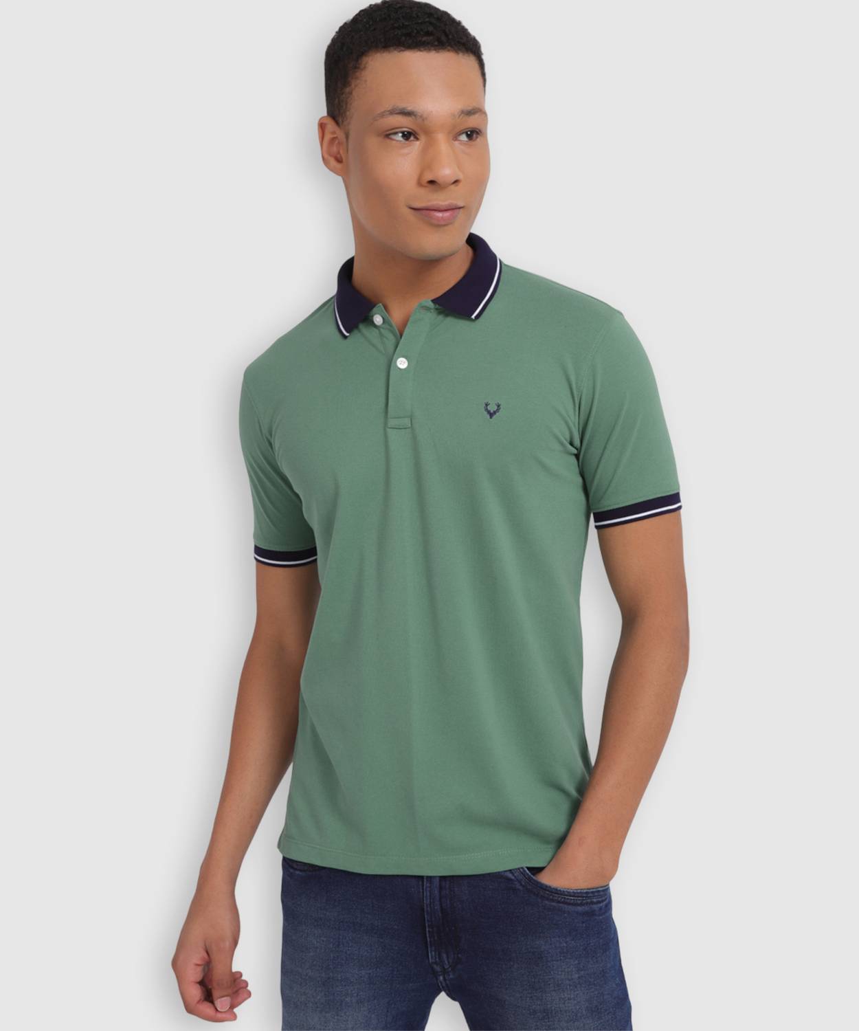 Allen Solly Men Solid Polo Neck Cotton Blend Green T-Shirt