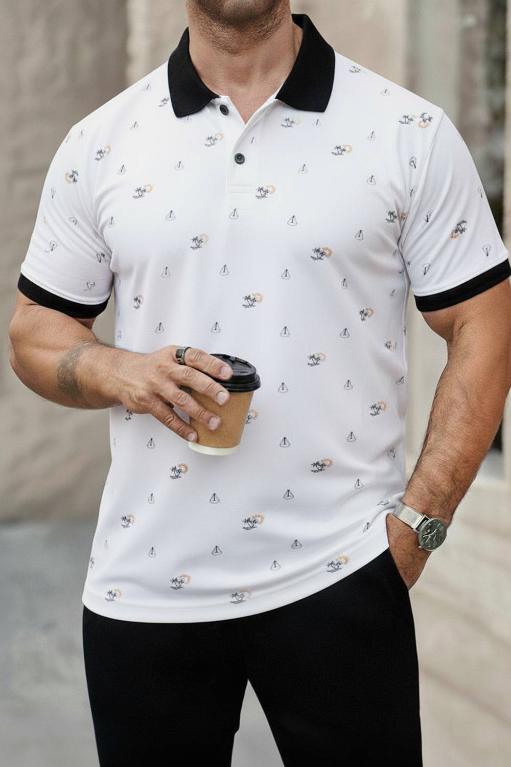 AVOLT Printed Men Polo Neck White T-Shirt