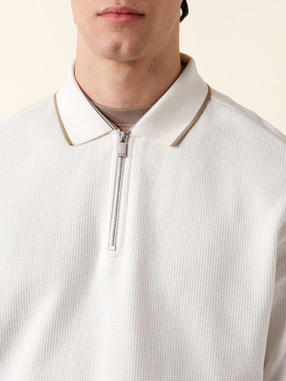 Image of THE BEAR HOUSE Self Design Men Polo Neck White T-Shirt