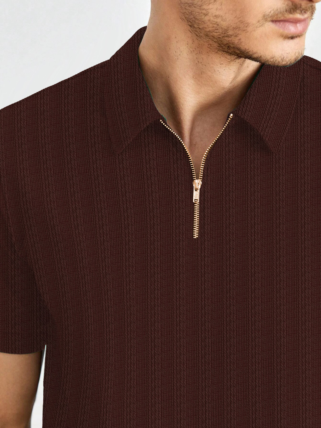 Image of KAJARU Self Design Men Zip Neck Brown T-Shirt