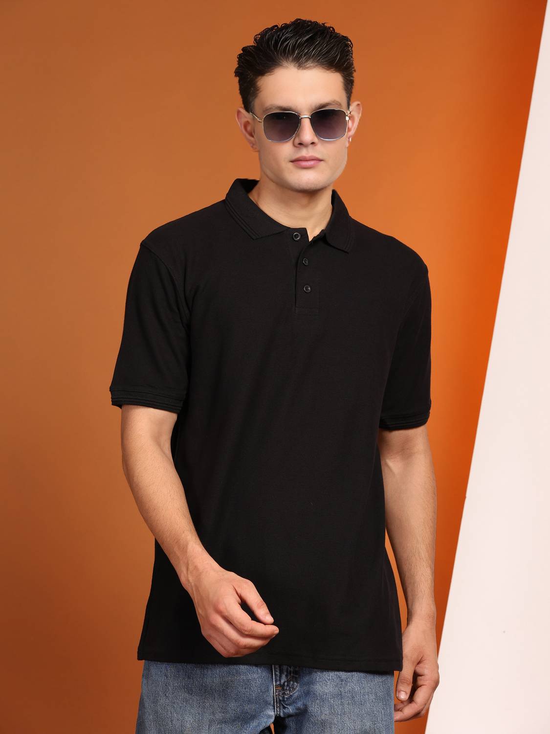 METRONAUT Solid Men Polo Neck Pure Cotton Black T-Shirt