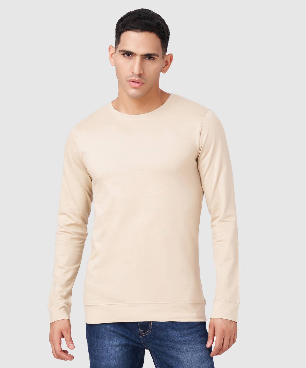 Zulements Men Solid Round Neck Cotton Blend Beige T-Shirt