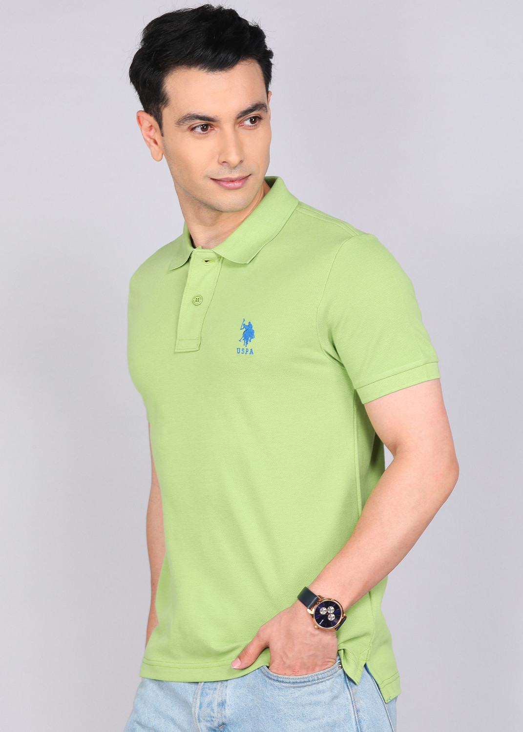 Image of U.S. POLO ASSN. Solid Men Polo Neck Light Green T-Shirt