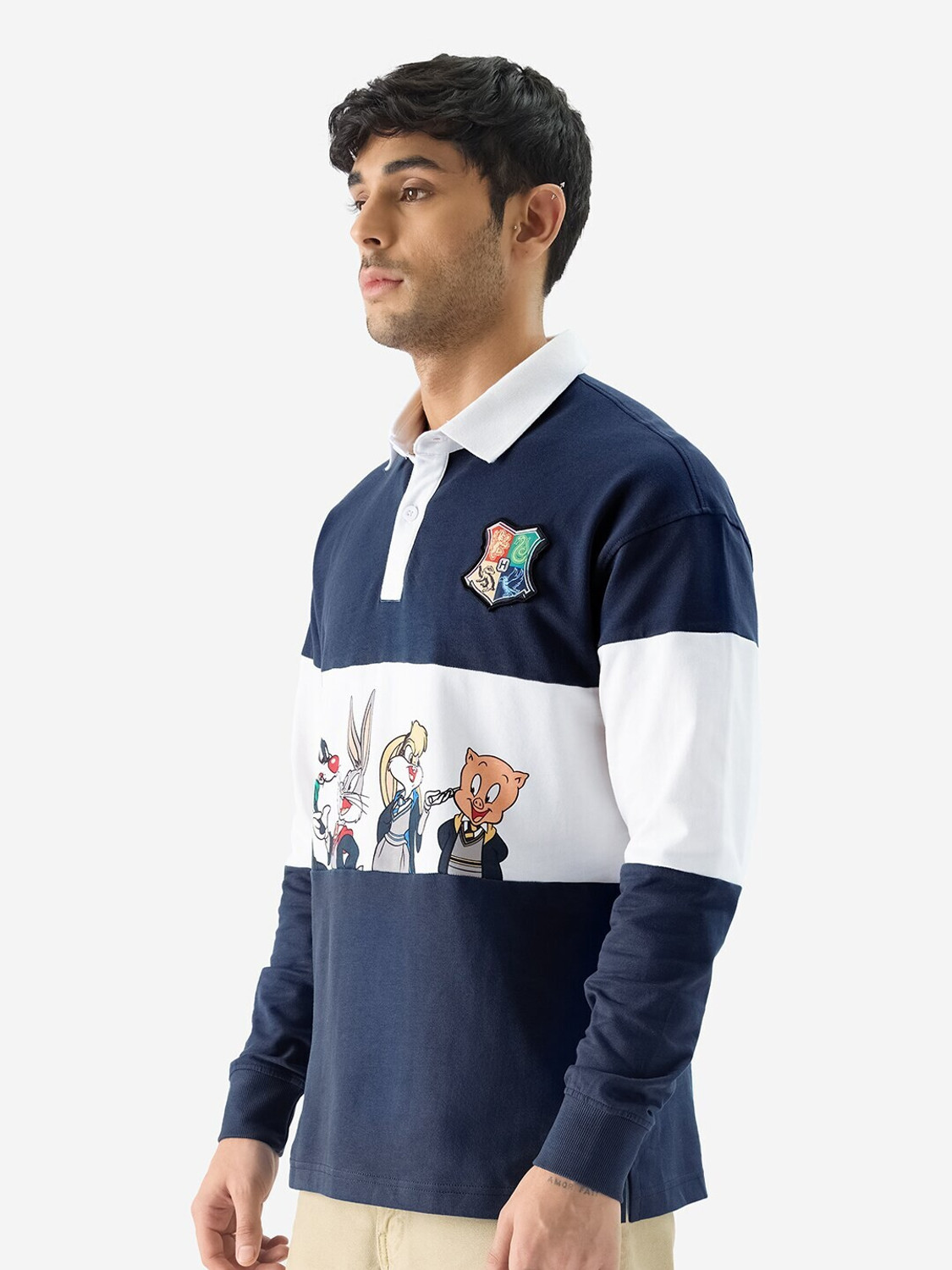Image of METRONAUT Cartoon, Colorblock Men Polo Neck Navy Blue, White T-Shirt