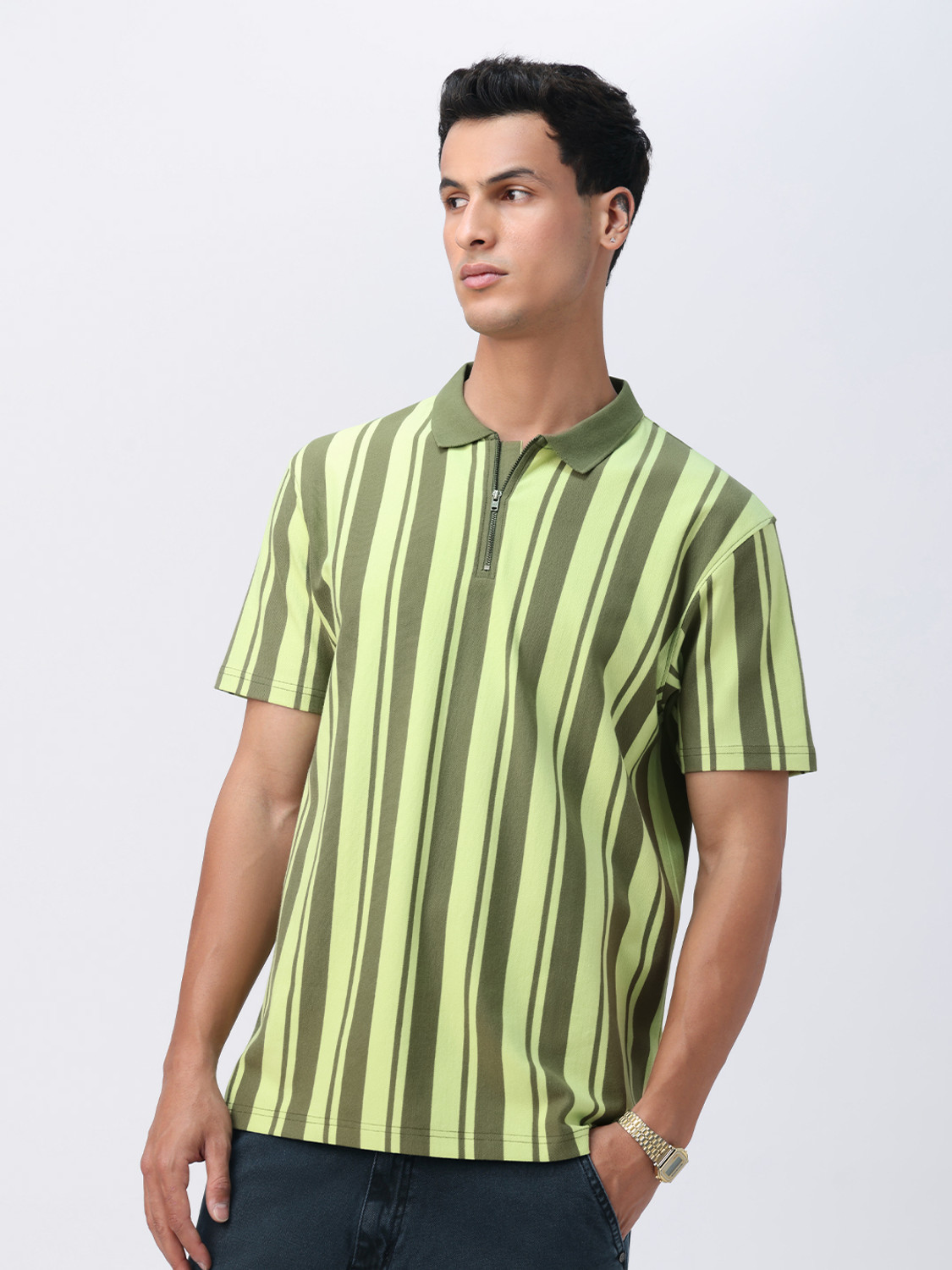 Image of The Souled Store Striped Men Polo Neck Green T-Shirt
